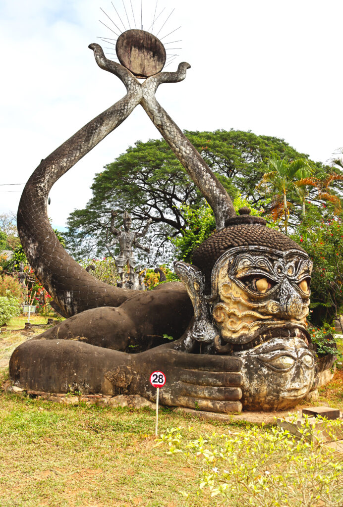 Mythical creatures like the Naga serpent in Buddha Park, officially known as Wat Xieng Khouane Luang Laos.